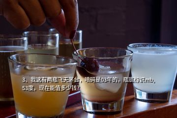 3、我這有兩瓶飛天茅臺(tái)，噴碼是03年的，瓶底標(biāo)識(shí)mb,53度，現(xiàn)在能值多少錢？